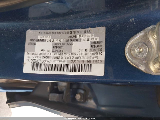 2018 Mazda Mazda3 Sport მანქანა იყიდება აუქციონზე, vin: 3MZBN1U71JM247871, აუქციონის ნომერი: 45516895
