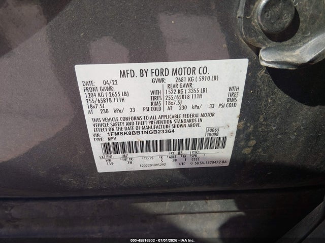 Aukcja sprzedaży 2022 Ford Explorer, vin: 1FMSK8BB1NGB23364, numer aukcji: 45516902
