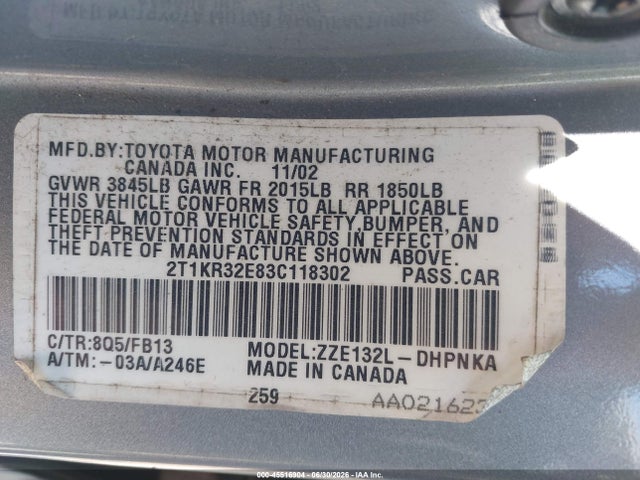 Auction sale of the 2003 Toyota Matrix Xr, vin: 2T1KR32E83C118302, lot number: 45516904