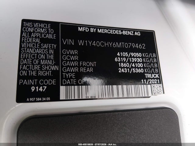 45516926 :رقم المزاد ، W1Y40CHY6MT079462 vin ، 2021 Mercedes-benz Sprinter 2500 High Roof I4 مزاد بيع