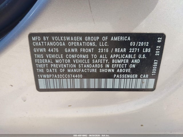 2012 Volkswagen Passat 2.5l Se მანქანა იყიდება აუქციონზე, vin: 1VWBP7A32CC074400, აუქციონის ნომერი: 45516962
