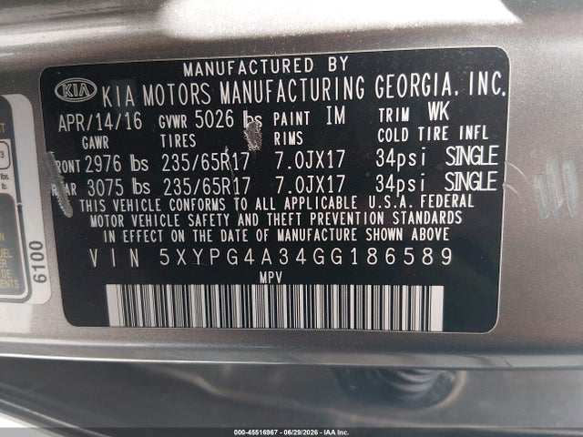 KIA Sorento 2.4l L 2016 5XYPG4A34GG186589 Image 9