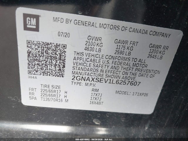 2GNAXSEV1L6257607 Chevrolet Equinox Awd Ls