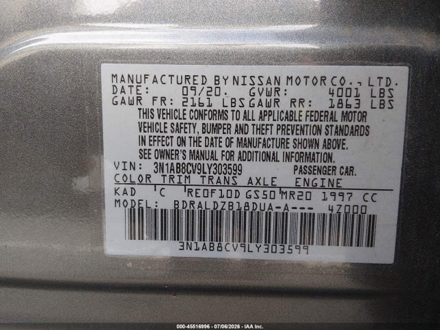 Продаж на аукціоні авто 2020 Nissan Sentra Sv Xtronic Cvt, vin: 3N1AB8CV9LY303599, номер лоту: 45516996