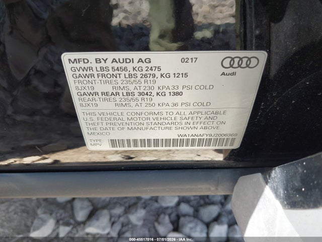 2018 Audi Q5 2.0t Premium/2.0t Tech Premium მანქანა იყიდება აუქციონზე, vin: WA1ANAFY9J2006369, აუქციონის ნომერი: 45517016