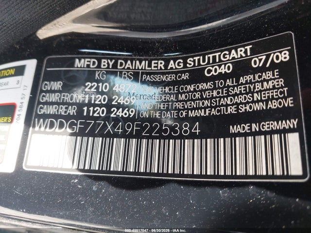 Aukcja sprzedaży 2009 Mercedes-benz C 63 Amg, vin: WDDGF77X49F225384, numer aukcji: 45517047