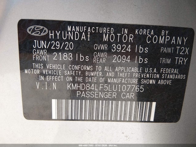 Продаж на аукціоні авто 2020 Hyundai Elantra Sel, vin: KMHD84LF5LU107765, номер лоту: 45517053