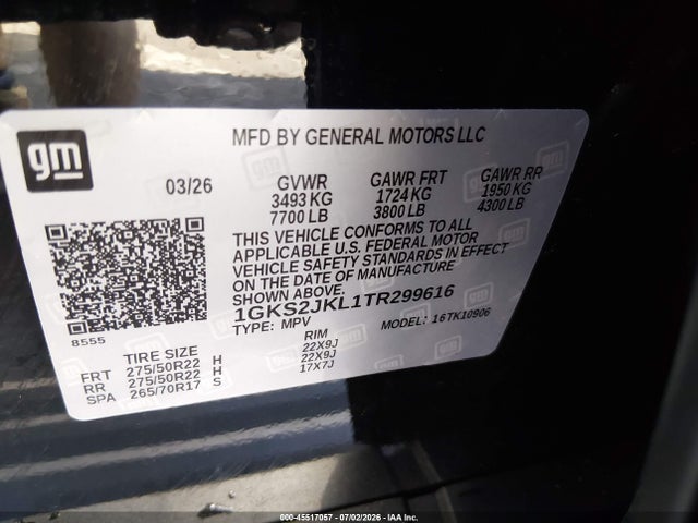 2026 Gmc Yukon Xl 4wd Denali მანქანა იყიდება აუქციონზე, vin: 1GKS2JKL1TR299616, აუქციონის ნომერი: 45517057