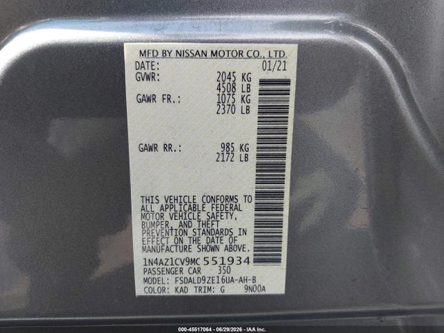 1N4AZ1CV9MC551934 Nissan Leaf Sv 40 Kwh