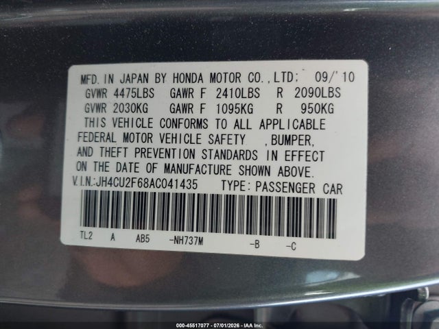Продажа на аукционе авто 2010 Acura Tsx 2.4, vin: JH4CU2F68AC041435, номер лота: 45517077