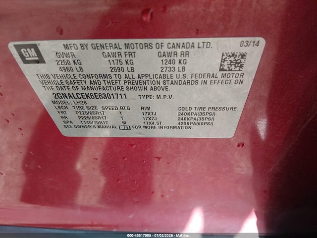 Chevrolet EQUINOX LT 2014 2GNALCEK6E6301711 Image 9