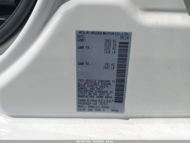 45517088 :رقم المزاد ، 1N4BL4CV9SN321397 vin ، 2025 Nissan Altima Sr Fwd مزاد بيع