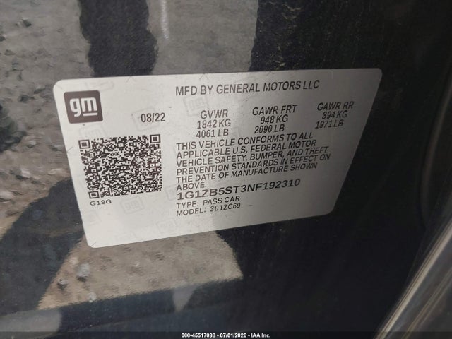 1G1ZB5ST3NF192310 Chevrolet Malibu Fwd Ls