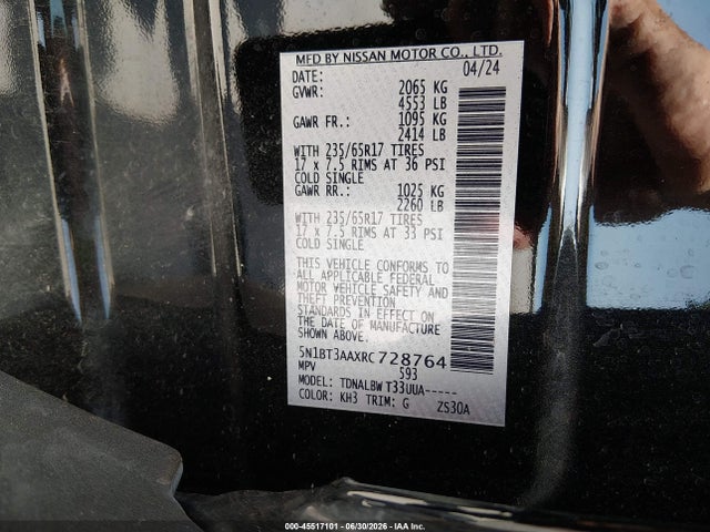 45517101 :رقم المزاد ، 5N1BT3AAXRC728764 vin ، 2024 Nissan Rogue S Fwd مزاد بيع