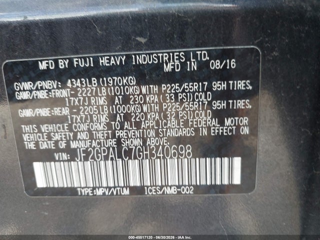 Aukcja sprzedaży 2016 Subaru Crosstrek 2.0i Limited, vin: JF2GPALC7GH340698, numer aukcji: 45517120