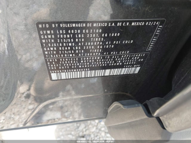 Aukcja sprzedaży 2024 Volkswagen Taos 1.5t Se, vin: 3VVVX7B25RM066385, numer aukcji: 45517123