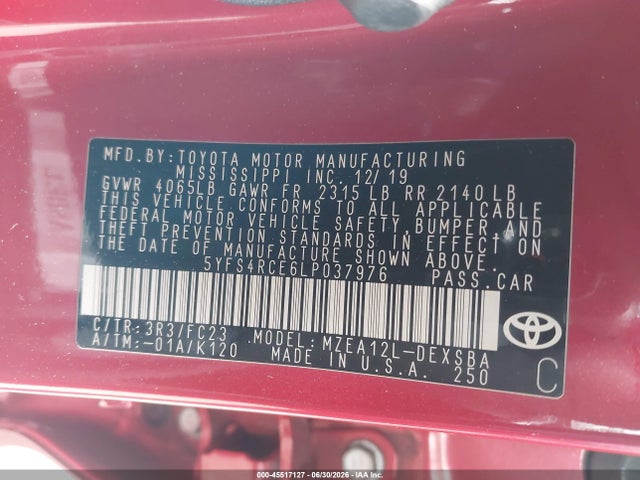 45517127 :رقم المزاد ، 5YFS4RCE6LP037976 vin ، 2020 Toyota Corolla Se مزاد بيع