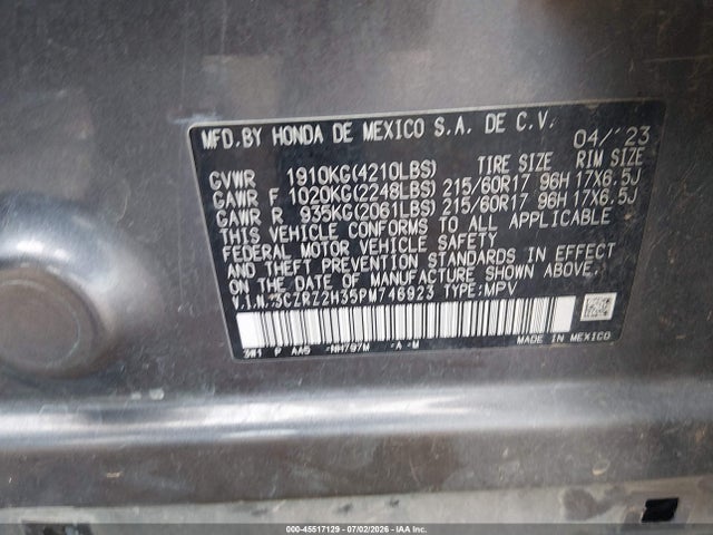 45517129 :رقم المزاد ، 3CZRZ2H35PM746923 vin ، 2023 Honda Hr-v Awd Lx مزاد بيع