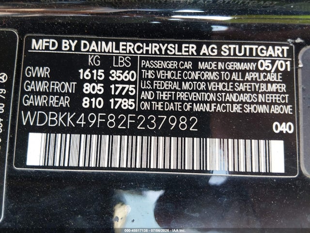 Aukcja sprzedaży 2002 Mercedes-benz Slk 230 Kompressor, vin: WDBKK49F82F237982, numer aukcji: 45517138
