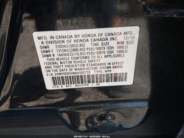 Продаж на аукціоні авто 2010 Acura Mdx Advance Package, vin: 2HNYD2H78AH502735, номер лоту: 45517141