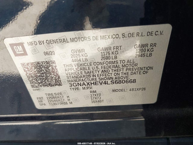 Продажа на аукционе авто 2020 Chevrolet Equinox Fwd Ls, vin: 3GNAXHEV4LS680668, номер лота: 45517149