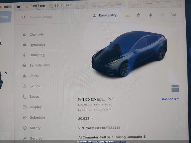 45517162 :رقم المزاد ، 7SAYGDEE5SF284744 vin ، 2025 Tesla Model Y Long Range Dual Motor All-wheel Drive مزاد بيع