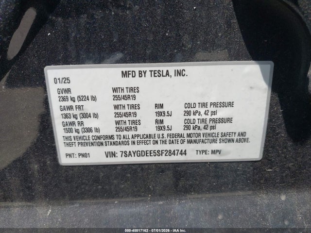 45517162 :رقم المزاد ، 7SAYGDEE5SF284744 vin ، 2025 Tesla Model Y Long Range Dual Motor All-wheel Drive مزاد بيع