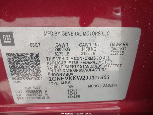 Продаж на аукціоні авто 2018 Chevrolet Traverse High Country, vin: 1GNEVKKW2JJ111303, номер лоту: 45517202
