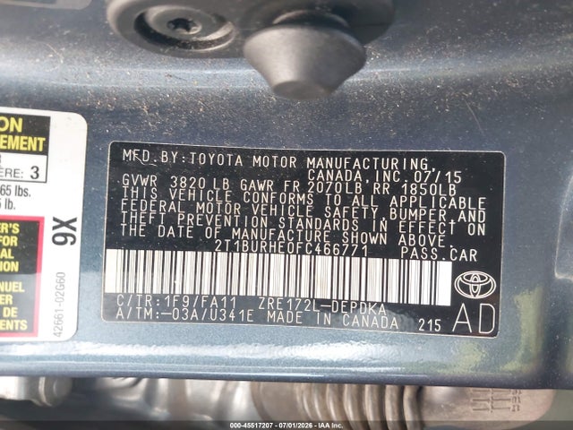 2T1BURHE0FC466771 Toyota COROLLA L
