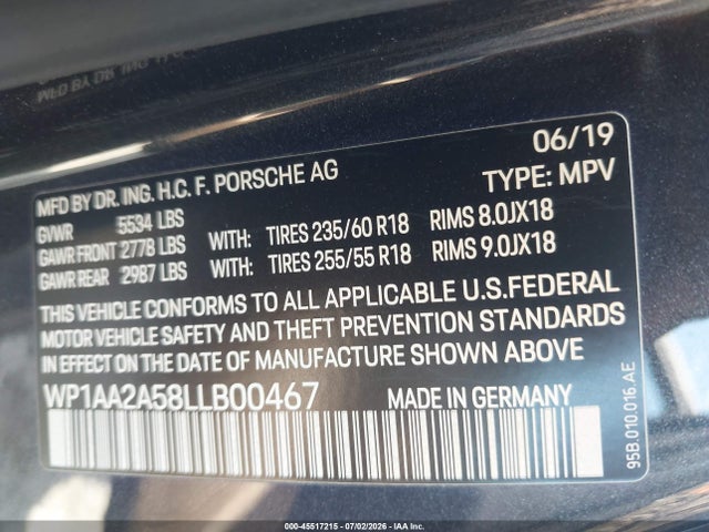 Продаж на аукціоні авто 2020 Porsche Macan, vin: WP1AA2A58LLB00467, номер лоту: 45517215