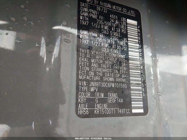 JN8BT3DC6PW101593 Nissan Rogue Platinum Fwd