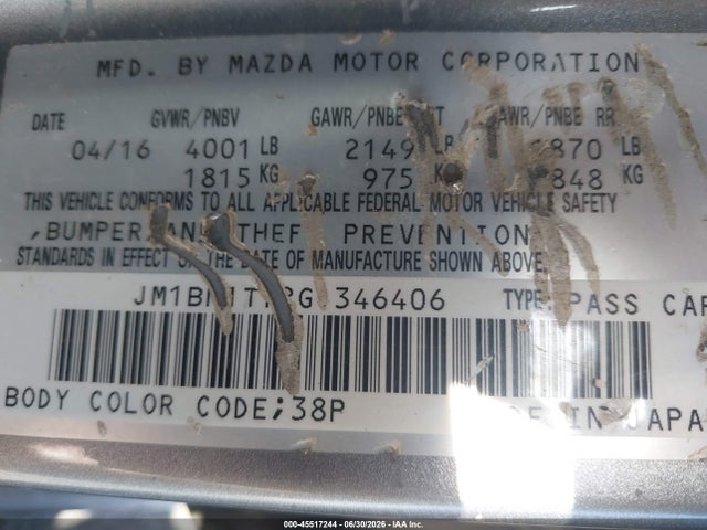 Aukcja sprzedaży 2016 Mazda Mazda3 I Sport, vin: JM1BM1T72G1346406, numer aukcji: 45517244
