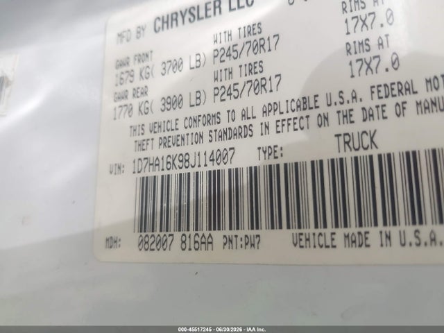 Продаж на аукціоні авто 2008 Dodge Ram 1500 St/sxt, vin: 1D7HA16K98J114007, номер лоту: 45517245