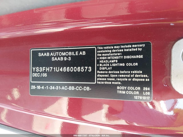 Aukcja sprzedaży 2006 Saab 9-3 Aero, vin: YS3FH71U466006573, numer aukcji: 45517257