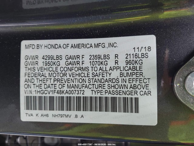 Honda ACCORD EX 2019 1HGCV1F48KA007372 Image 9