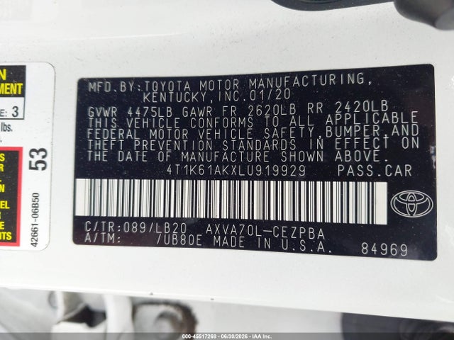 4T1K61AKXLU919929 Toyota CAMRY XSE