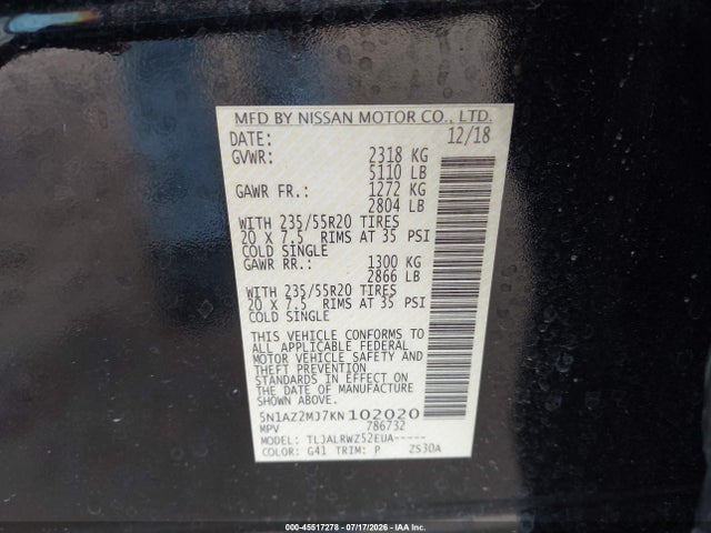 Aukcja sprzedaży 2019 Nissan Murano Sl, vin: 5N1AZ2MJ7KN102020, numer aukcji: 45517278