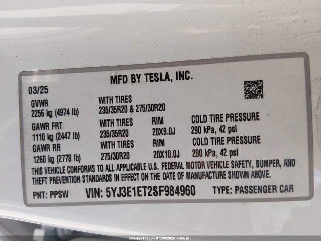 Продаж на аукціоні авто 2025 Tesla Model 3 Performance All-wheel Drive, vin: 5YJ3E1ET2SF984960, номер лоту: 45517283