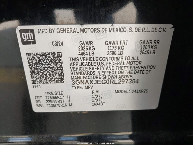 Продаж на аукціоні авто 2024 Chevrolet Equinox Fwd 2fl, vin: 3GNAXJEG0RL297354, номер лоту: 45517293
