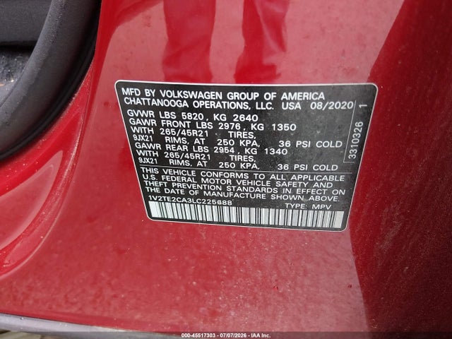 Продаж на аукціоні авто 2020 Volkswagen Atlas Cross Sport 3.6l V6 Sel Premium R-line, vin: 1V2TE2CA3LC225688, номер лоту: 45517303
