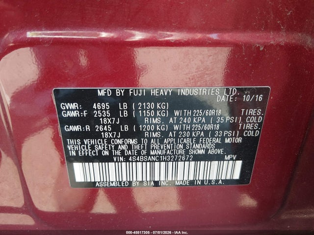 Aukcja sprzedaży 2017 Subaru Outback 2.5i Limited, vin: 4S4BSANC1H3272672, numer aukcji: 45517305