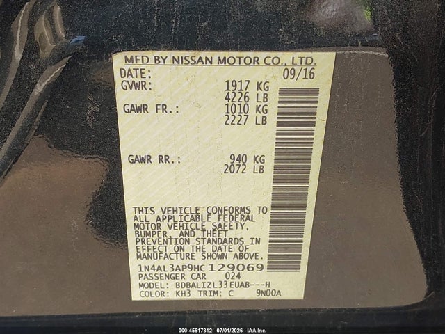 2017 Nissan Altima 2.5 Sv მანქანა იყიდება აუქციონზე, vin: 1N4AL3AP9HC129069, აუქციონის ნომერი: 45517312