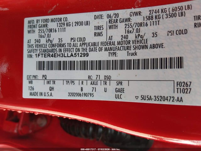 Ford RANGER XL 2020 1FTER4EH3LLA51299 Image 9