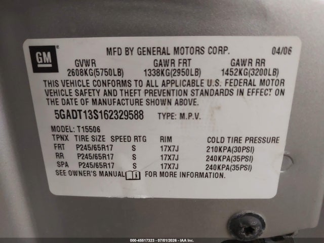Продаж на аукціоні авто 2006 Buick Rainier Cxl, vin: 5GADT13S162329588, номер лоту: 45517323