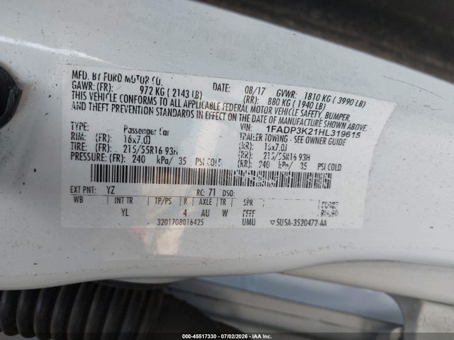 Auction sale of the 2017 Ford Focus Se, vin: 1FADP3K21HL319615, lot number: 45517330
