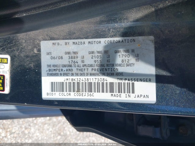 45517374 :رقم المزاد ، JM1BK324381173084 vin ، 2008 Mazda Mazda3 S Grand Touring مزاد بيع