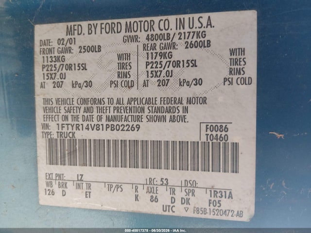 Aukcja sprzedaży 2001 Ford Ranger Edge/xl/xlt, vin: 1FTYR14V81PB02269, numer aukcji: 45517378