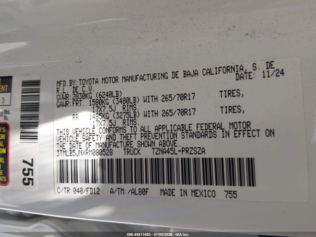 2024 Toyota Tacoma Trd Off Road მანქანა იყიდება აუქციონზე, vin: 3TMLB5JNXRM080528, აუქციონის ნომერი: 45517403