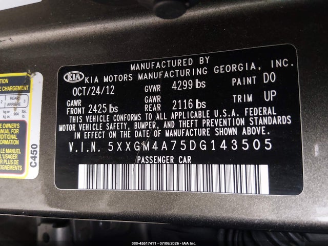 2013 Kia Optima Lx მანქანა იყიდება აუქციონზე, vin: 5XXGM4A75DG143505, აუქციონის ნომერი: 45517411
