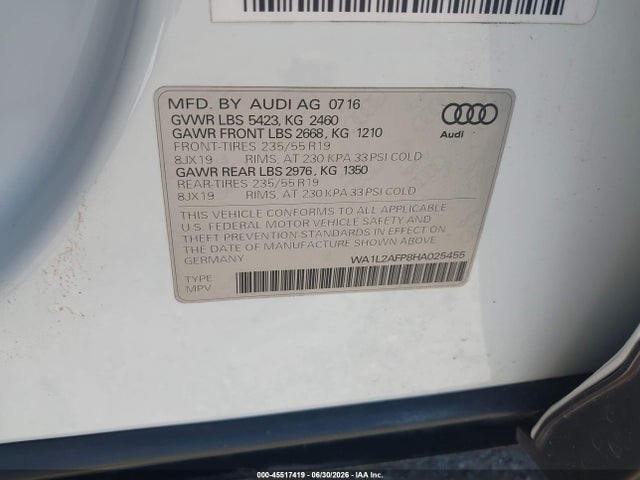 45517419 :رقم المزاد ، WA1L2AFP8HA025455 vin ، 2017 Audi Q5 2.0t Premium مزاد بيع